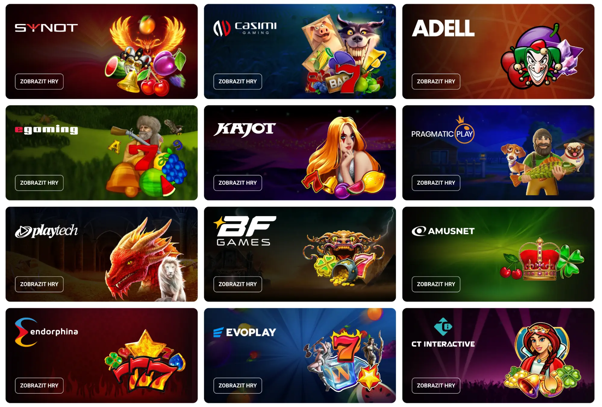 Výrobci her — katalog providerů (Synot, Kajot, Pragmatic Play aj.). Přehled poskytovatelů her — dlaždice Synot, Casimi, Adell, e-gaming, Kajot, Pragmatic Play, Playtech, BF Games, Amusnet, Endorphina, Evoplay a CT Interactive s tlačítky „Zobrazit hry“.